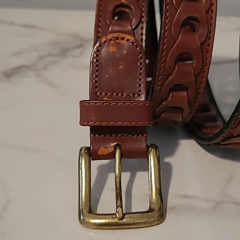 Men's 46 Brown Leather Open Loop Belt Casual Neutral Preppy Quality